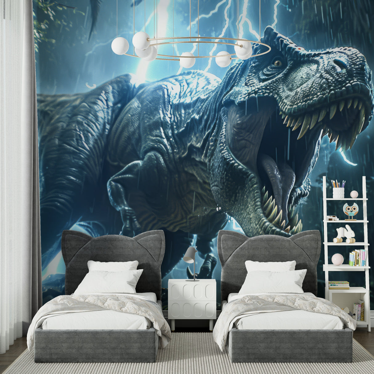 Dinosaur wall mural featuring T-Rex and storm effects making a playroom come alive