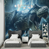 Dinosaur wall mural featuring T-Rex and storm effects making a playroom come alive