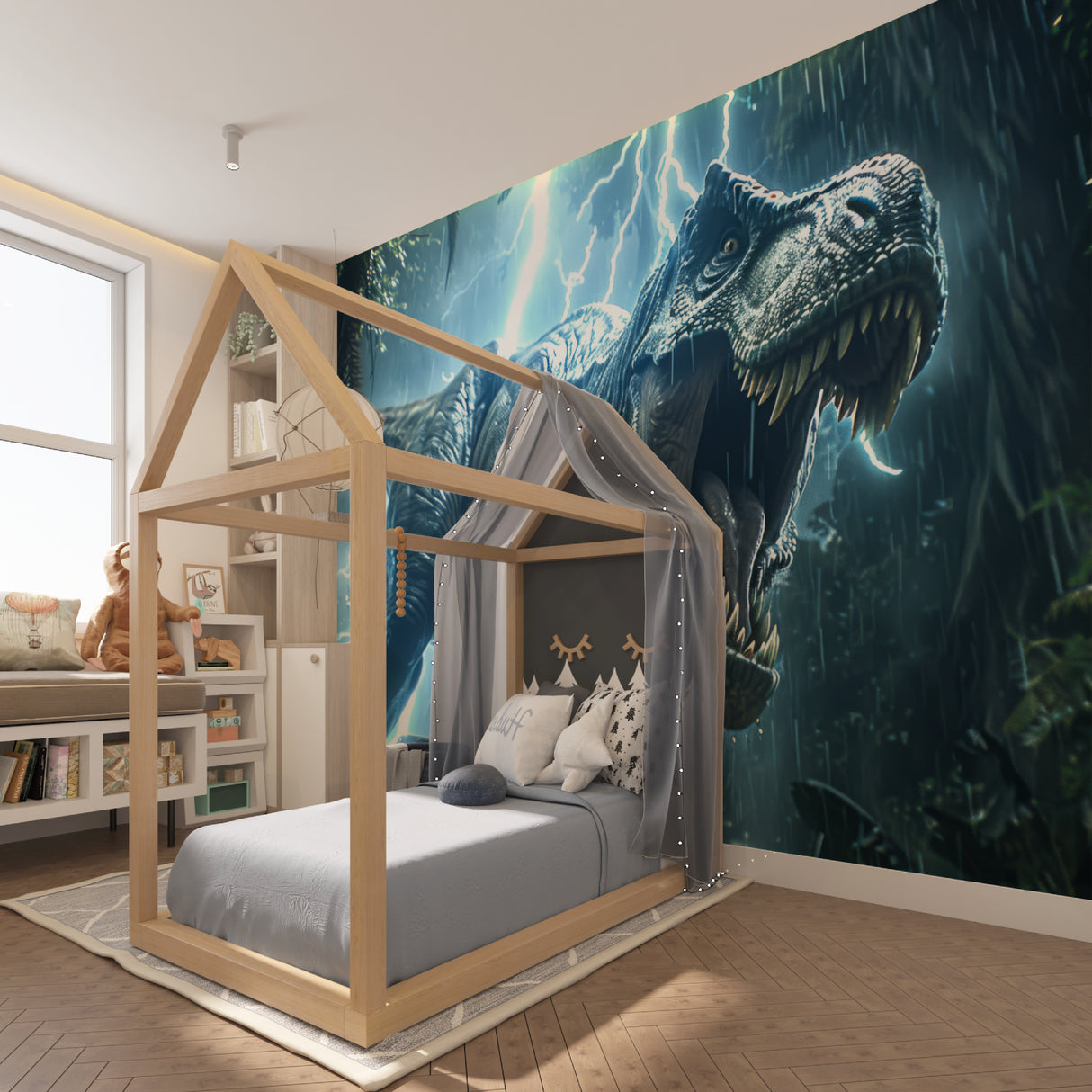 T-Rex storm scene wallpaper transforming a study space into an adventure zone