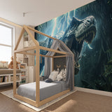 T-Rex storm scene wallpaper transforming a study space into an adventure zone