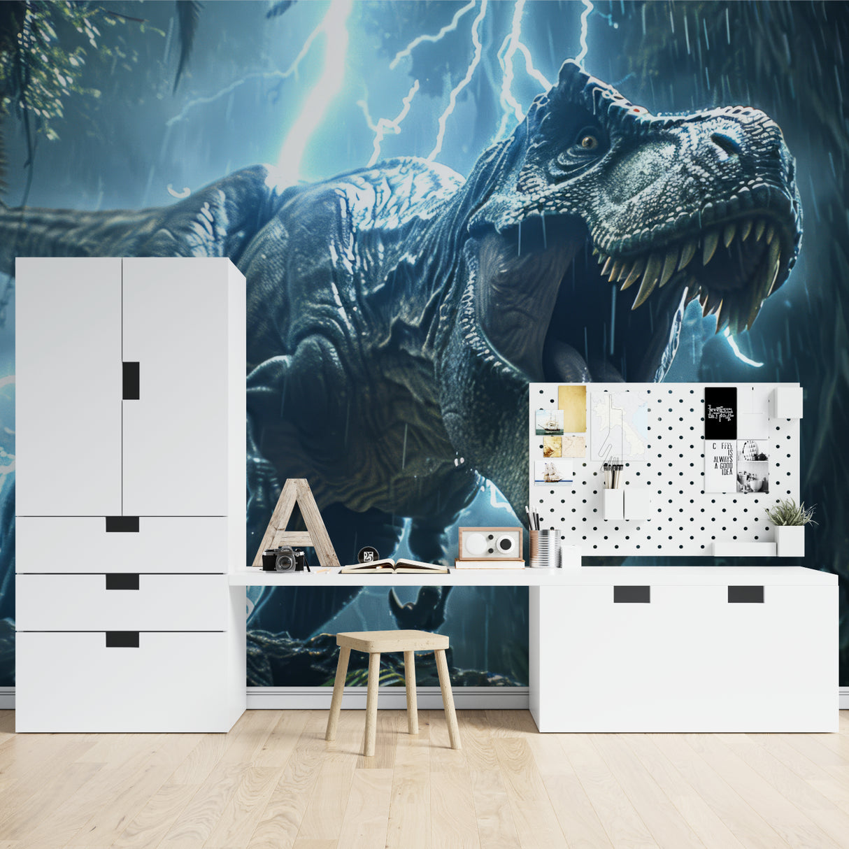 Dramatic dinosaur mural with lightning effects energizing a media room