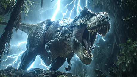 Design file showing detailed T-Rex dinosaur pattern with dramatic storm and lightning effects