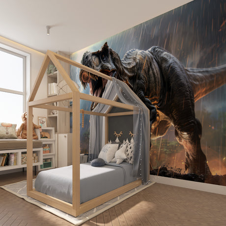 T-Rex Storm Scene Wallpaper creating drama in modern kids bedroom with blue accents