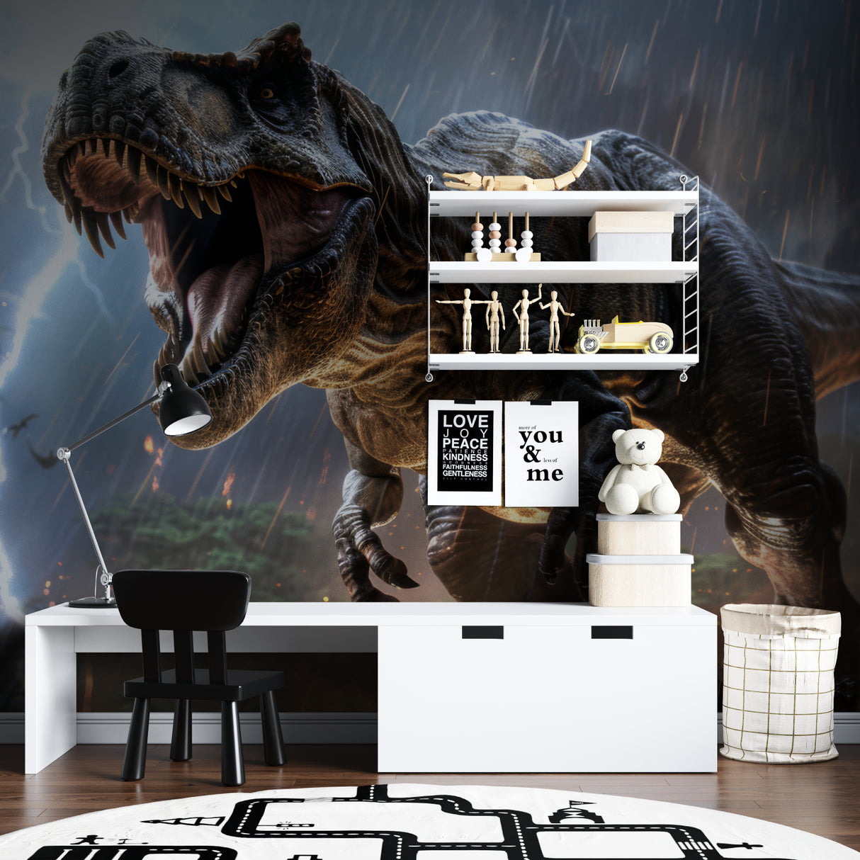 Dramatic T-Rex wall mural bringing prehistoric adventure to playroom space