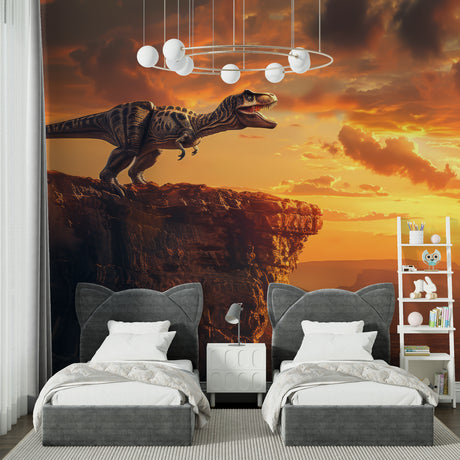 Dinosaur wallpaper mural featuring T-Rex in modern living room setting with warm sunset glow