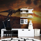 T-Rex wall mural creating dramatic atmosphere in child's bedroom with orange sunset tones