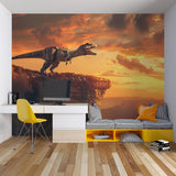 Kids bedroom featuring dynamic T-Rex wall mural with golden sunset backdrop