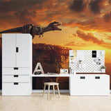 Dinosaur mural installation showing scale in game room with dramatic lighting