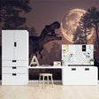 T-Rex dinosaur wallpaper creating magical atmosphere in modern kids bedroom with moonlit glow