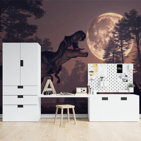 T-Rex dinosaur wallpaper creating magical atmosphere in modern kids bedroom with moonlit glow