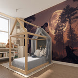 Prehistoric T-Rex wall mural in cozy reading nook with ambient lighting