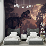 Dinosaur wallpaper transforming playroom with dramatic T-Rex silhouette