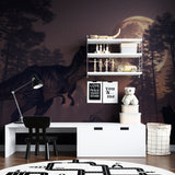 T-Rex mural wallpaper making statement in teen bedroom with moon backdrop