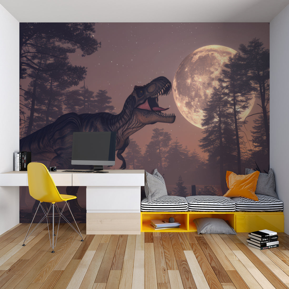 Night scene dinosaur wallpaper adding depth to game room walls