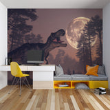 Night scene dinosaur wallpaper adding depth to game room walls