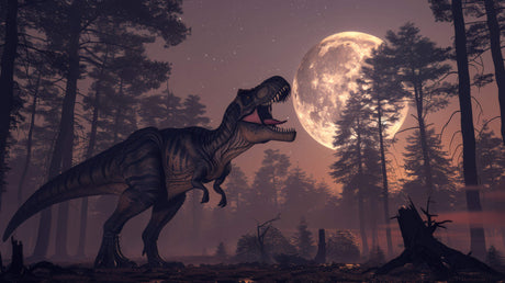Dinosaur wallpaper design file showing detailed T-Rex silhouette against amber moon