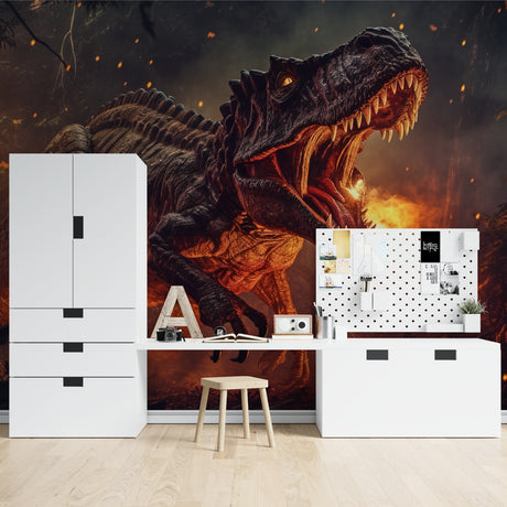 T-Rex wallpaper mural creating warm ambiance in modern kids bedroom with bunk bed