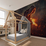 Dramatic T-Rex wall mural lighting up game room with gaming setup
