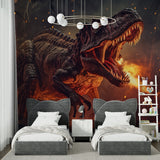 Dinosaur wall mural with flames creating cozy reading nook atmosphere