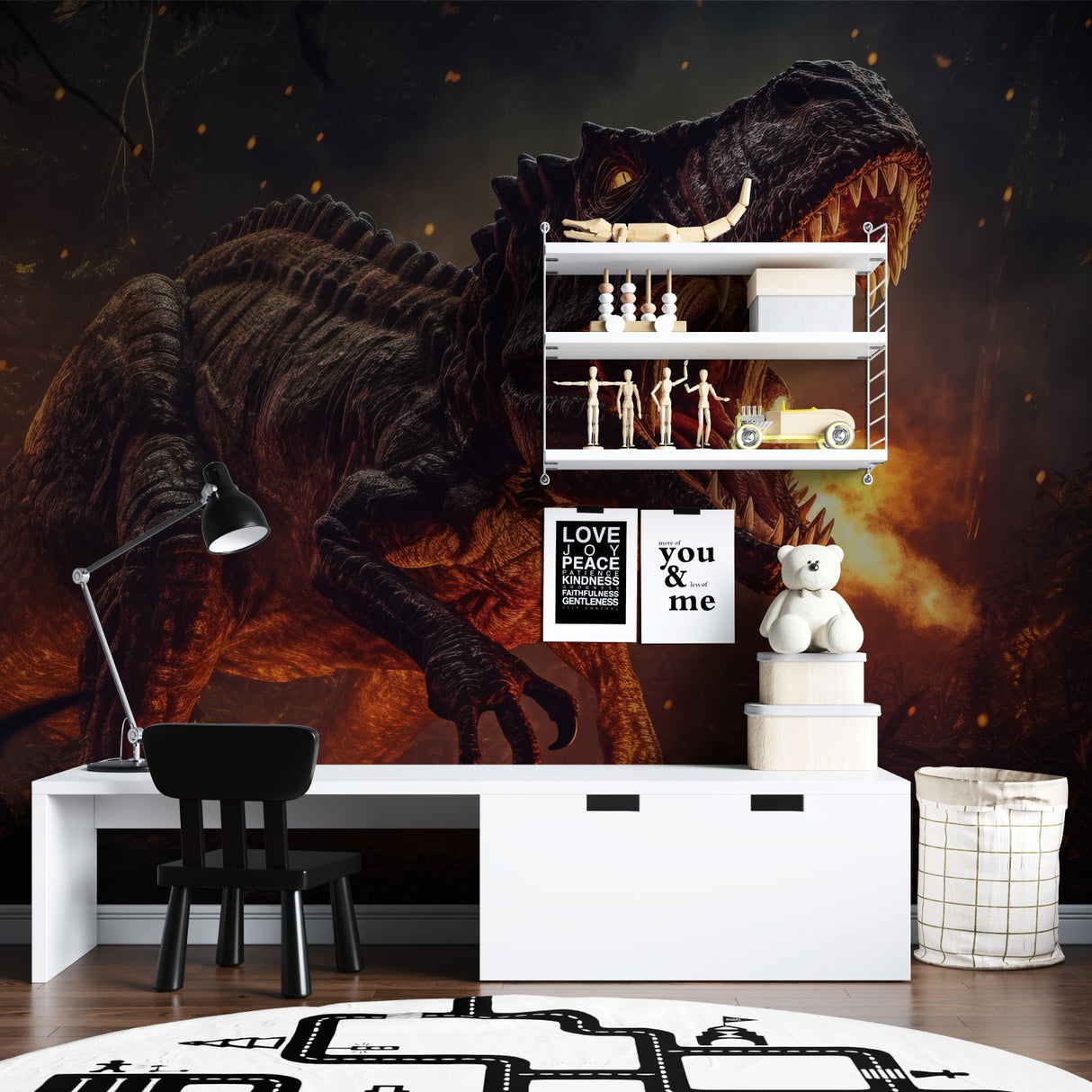 T-Rex fire wallpaper bringing warmth to modern playroom setting