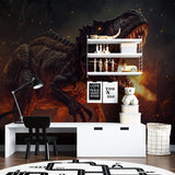 T-Rex fire wallpaper bringing warmth to modern playroom setting