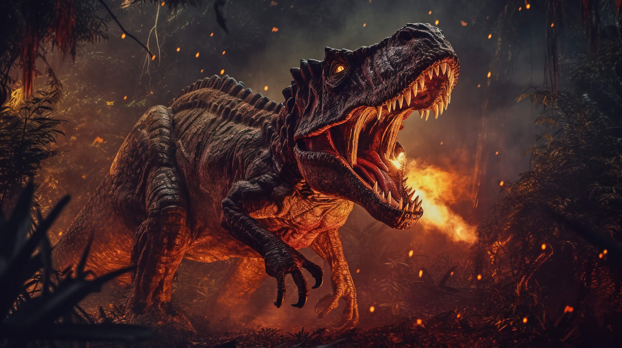 T-Rex with flames design file showing detailed fire effects and dramatic lighting