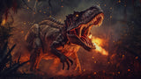 T-Rex with flames design file showing detailed fire effects and dramatic lighting