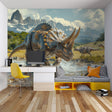 Dinosaur mural wallpaper creating adventure vibes in modern kids bedroom with blue accents