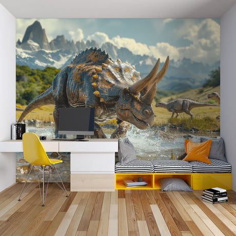 Dinosaur mural wallpaper creating adventure vibes in modern kids bedroom with blue accents