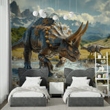 Triceratops wallpaper mural making statement in playroom with natural lighting