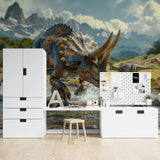 Mountain scene dinosaur wallpaper transforming study space with dramatic effect