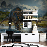 Triceratops wall mural bringing adventure theme to modern home office