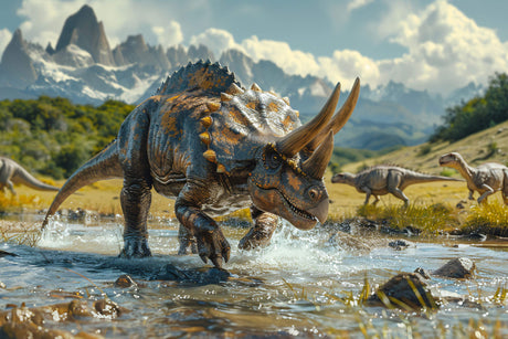 Design file showing detailed Triceratops mountain scene pattern with realistic water effects