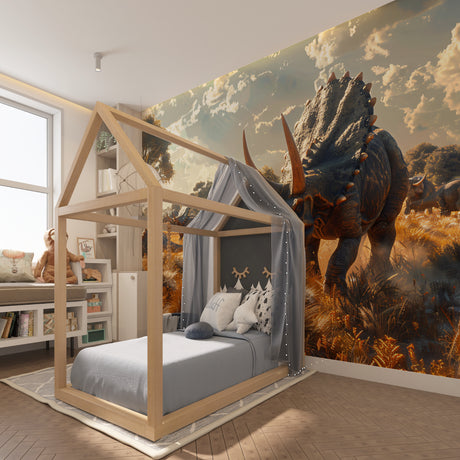 Dinosaur mural wallpaper showing majestic Triceratops in modern living room setting