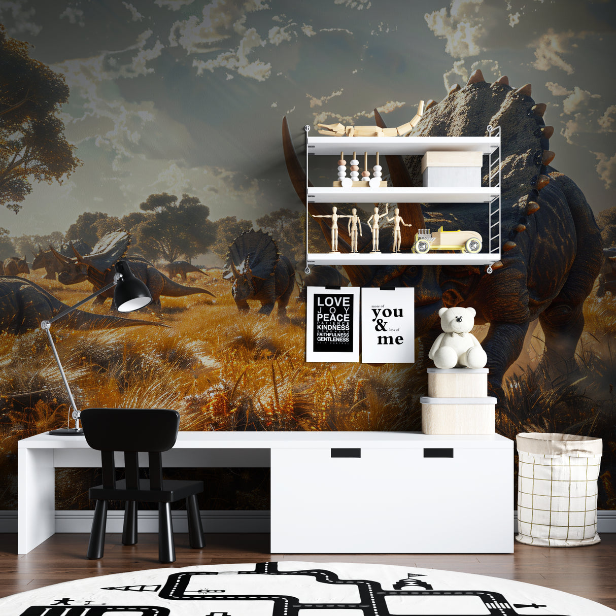 Kids bedroom with Triceratops wall mural creating educational atmosphere