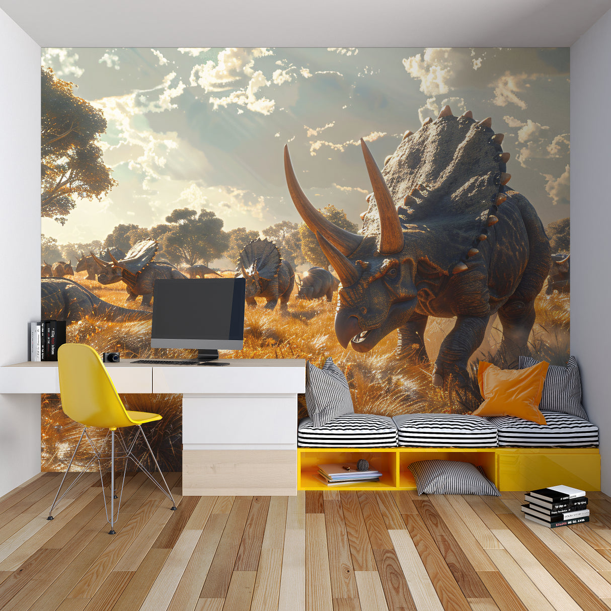 Prehistoric wallpaper displayed in playroom showing scale and detail