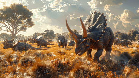 Design file showing full Triceratops Jurassic scene pattern with golden grasslands