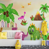 Dinosaur wallpaper mural bringing prehistoric adventure to life in a bright kids bedroom with modern furniture