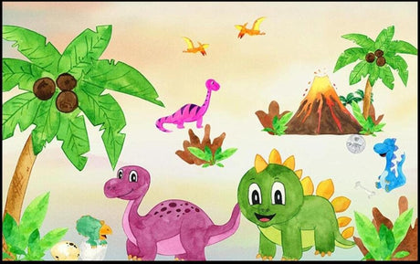 Design file showing full pattern of tropical dinosaur wallpaper with vibrant colors and detailed prehistoric scene