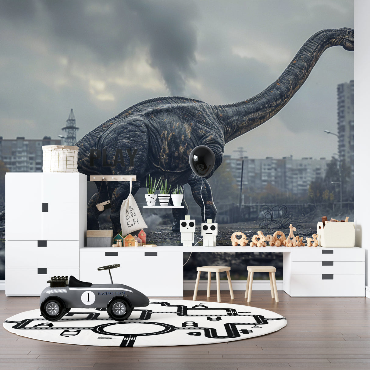 Urban Dinosaur Wallpaper creating drama in a modern teen bedroom with moody lighting