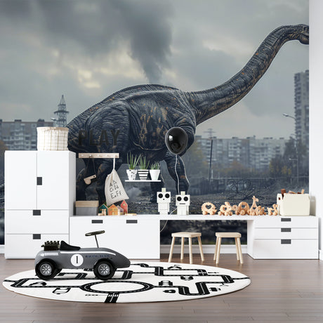 Urban Dinosaur Wallpaper creating drama in a modern teen bedroom with moody lighting