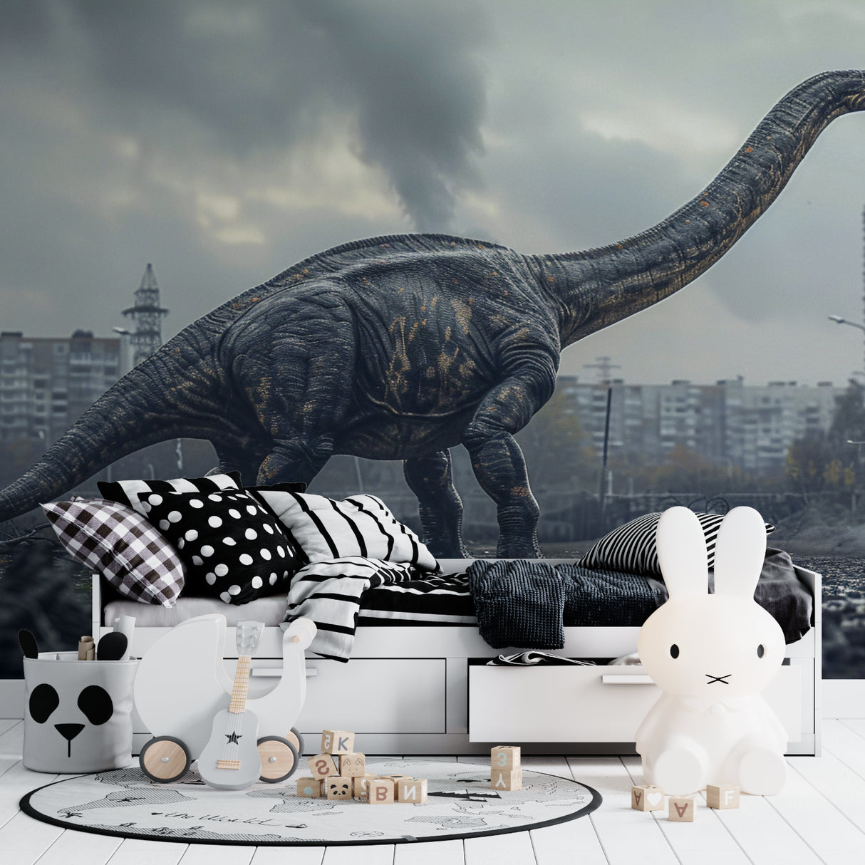 Kids Dinosaur Mural styled in a contemporary playroom with minimal furniture
