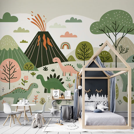 Dinosaur mural wallpaper with rainbow and volcano scene bringing adventure to a modern kids bedroom with soft lighting