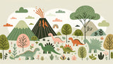 Dinosaur wallpaper design file showing detailed volcanic landscape with friendly dinosaurs and rainbow pattern