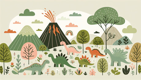Dinosaur wallpaper design file showing detailed volcanic landscape with friendly dinosaurs and rainbow pattern