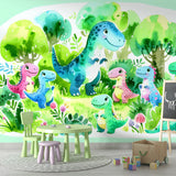 Watercolor dinosaur wallpaper creating a magical atmosphere in a bright nursery with soft natural lighting