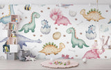 Sweet Dinosaur Wallpaper in bright nursery with white furniture and pastel accents