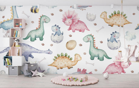 Sweet Dinosaur Wallpaper in bright nursery with white furniture and pastel accents