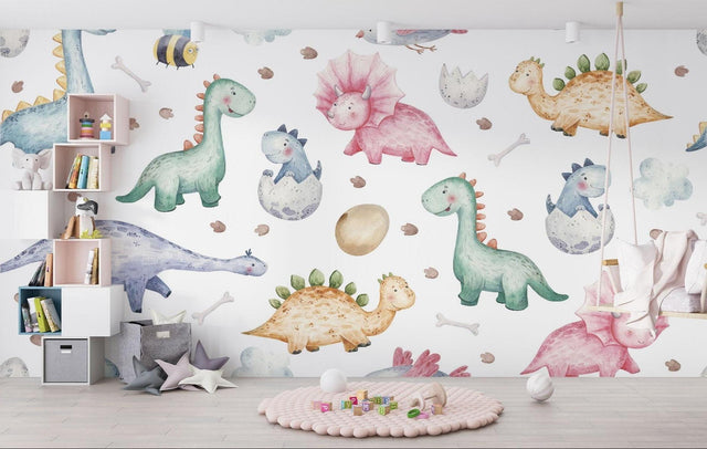 Sweet Dinosaur Wallpaper in bright nursery with white furniture and pastel accents