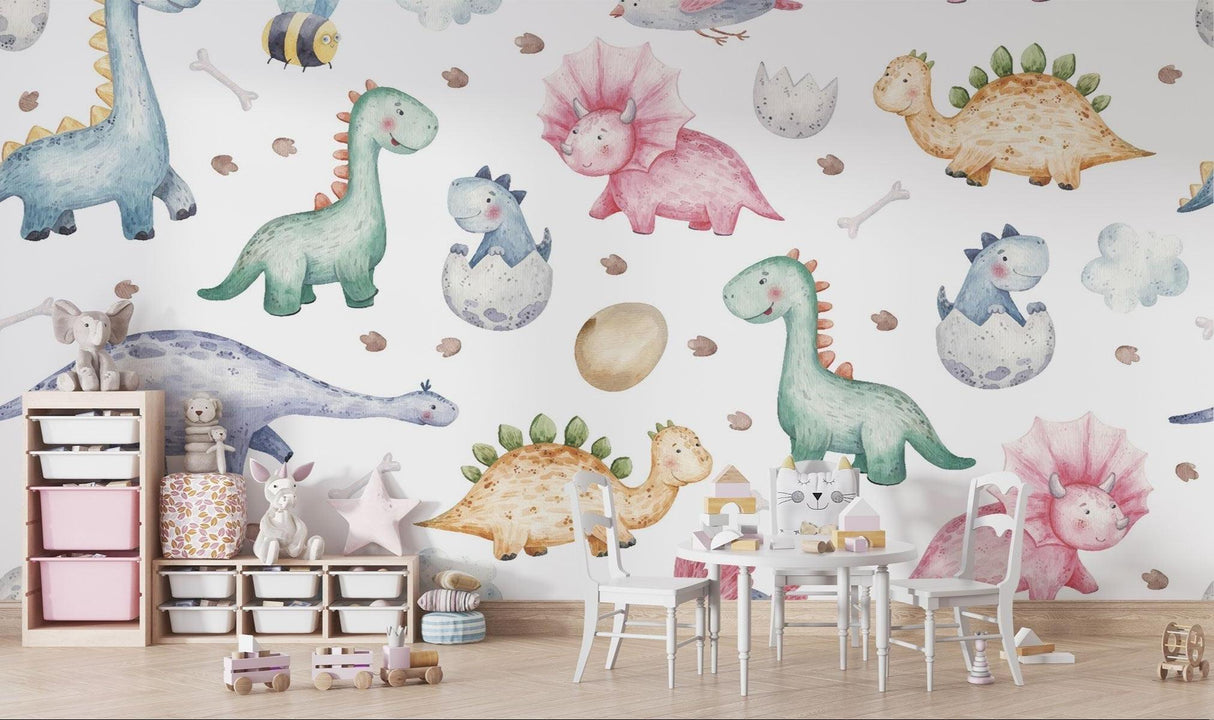 Baby Dinosaur Wallpaper in playroom showing toys and reading nook